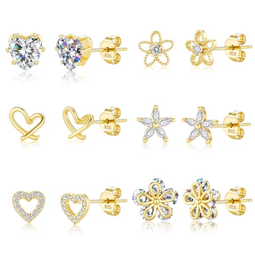 ALEXCRAFT Small Gold Stud Earrings 6 Pairs Cute Stud Earrings for Women Cubic Zirconia Earring Studs 14k Gold Plated Heart Earing for Women Hypoallergenic Pack