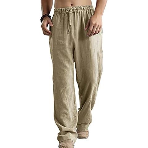 AUBIG Mens Linen Trousers Elasticated Waist Drawstrings Pants Lightweight Breathable Straight Leg Gym Athletic Pants Khaki Cover