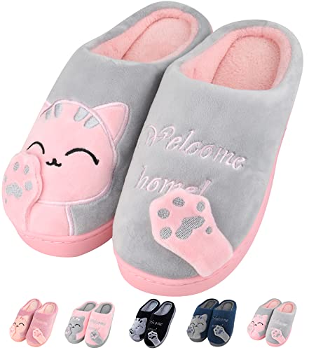 BTONGE Pantuflas unisex de invierno para gatos y mujeres, cálidas, de felpa, antideslizantes, suaves, cómodas, para adultos, niños y familia, Rosa grisáceo., 36/37 EU Cover