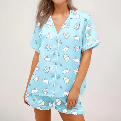Image of Women Easter Pajamas Set Cute Bunny Button Down Shirt and Shorts 2 Piece Pj Set Y2K Easter Outfits