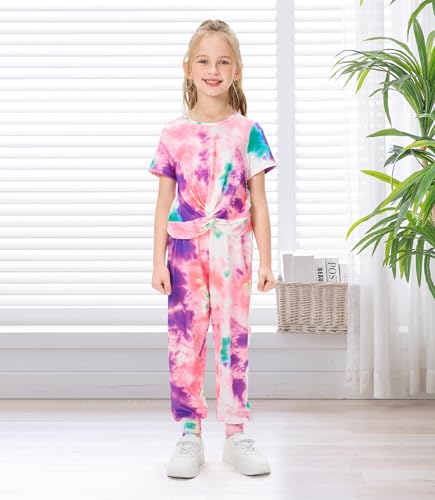 Image of Girls Clothing Sets Tie Dye Twist Front Tops & Sweatpants Outfits Sportwear Sweatsuits Tracksuits Purple 5-6 Years