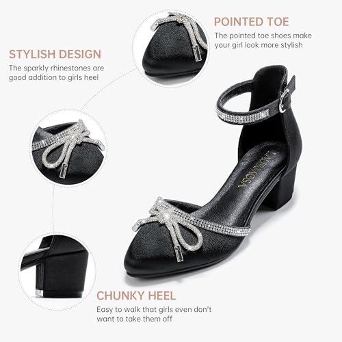 Image of LAURMOSA Girls Sandals Closed Toe High Heels Pointed Toe Ankle Strap Pumps Flower Girl Dressy Shoes in Wedding Party Cute Bowknot Chunky Block Heeled for Little Big Kids