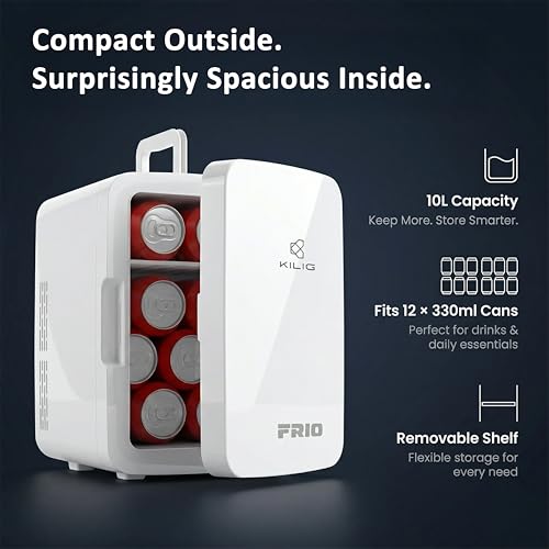 Image of KILIG Frio Mini Fridge | Portable Cooler & Warmer | 240V AC & 12V DC Power for Home & Car | Smart Temperature Control | Perfect for Food & Beverages, Travel, Skincare, Medicine | White