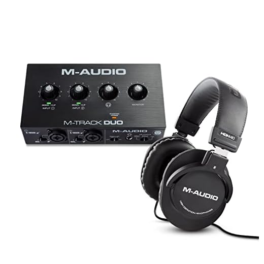 M-Audio M-track Duo + auriculares HDH40 - interfaz de audio, tarjeta de sonido USB con Auriculares de estudio de diseño cerrado para grabación y monitorización en estudio