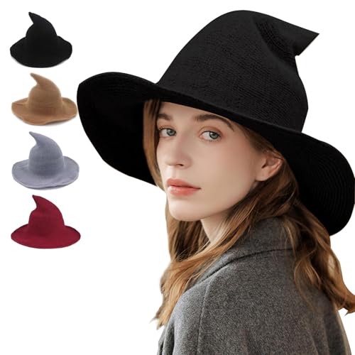 Cyntan Halloween Hat Black Witch Hat for Women Wide Brim Foldable Wool Knitted Cap for Halloween Party Costume Accessories for Women