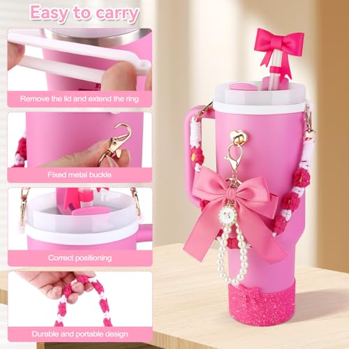 Wututir Stanley Cup Accessories Set,40oz & 30oz Tumbler Accessories Including Bow Straw Topper Cover,2.95in Silicone Bling Boot,Bow Pearl Charms,Water Bottle Handle Strap for Women Gift — view 2