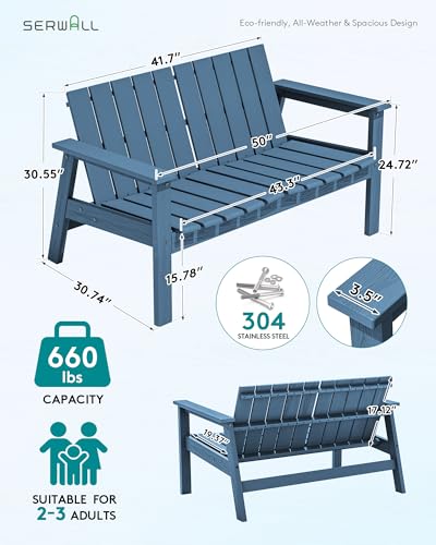 Image of SERWALL 2-Person HDPE All-Weather Outdoor Bench Set of 2, Navy