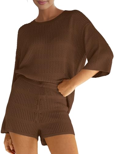 SuperPrity Swimsuit Coverup for Women Crochet Knit 3/4 Sleeve Two Piece Sets Summer Beach Outfits Bathing Suit Cover Up Set