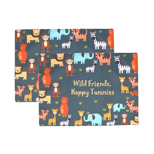 Image of Kids ClothTable Mats Set of 2 - Wild Animal Jungle Safari Theme,Digital Print, Washable, Indoor /Outdoor, Heat-Proof, Water Resistant, Wipe & Clean (47X33 cm) Forest Green