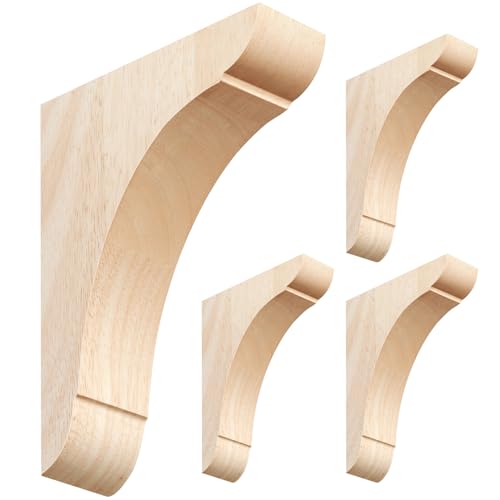 Image of Vercraft 4 Pcs Wood Corbels Wooden Shelf Brackets, Unfinished Paintable Bracket with Hanging Hook for Doorway Countertop Kitchen Cabinet Book Shelves, Rubber Wood (9 x 6-1 /2 x 1-3 /4 Inches)