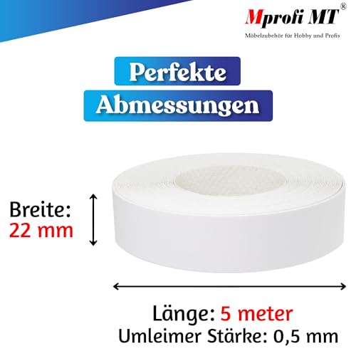 Mprofi MT® Kantenumleimer Weiss | 22 mm x 5 m | Melamin Kantenband | Bügelkantenumleimer für Regale und Möbelplatten | Kantenumleimer mit Schmelzkleber – 099/22/5