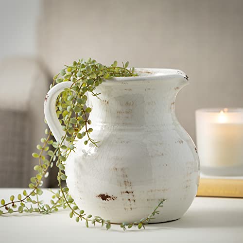 Sullivans Modern Farmhouse Decorative Ceramic Pitcher, 9 X 7 X 8 Inches, Distressed Farmhouse Décor, Off-White Crackled Finish, Faux Floral Vase, Mantel, Dining Table And Living Room Décor (Cm2515) #TOP4
