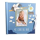 Tapa dura Libro del bebé. Álbum de recuerdos del bebé. Personalizado con placa de metal GRABADA con nombre y fecha (Azul)