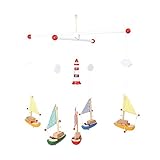 5 bewegliche Segelschiffe mit Stoffsegel und ein kleiner Leuchtturm