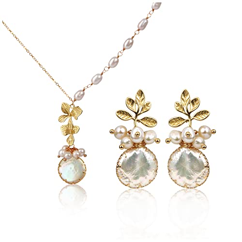 Elexis 18K Gold Big Baroque Pearl Earrings Necklace Set For Women Dangle Handmade Trendy Wedding White Real Freshwater Pearls Homecomin Leaf Flow Hanging Jewelry For Girl Brides Engaged Set Gift Mom #TOP6