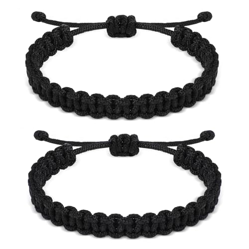 Maitys Pack of 2 Paracord Survival Bracelets for Men Braided Paracord Wristband Adjustable Tactical Handmade Unisex Friendship Bracelets Rope for Outdoor Sports Camping Hiking Travelling Gift, Black