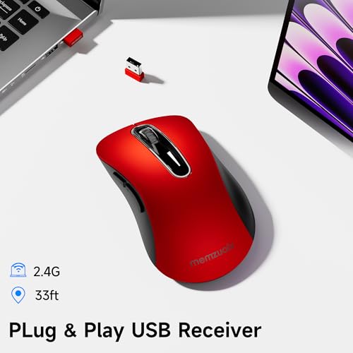 Image of memzuoix 2.4G Portable Wireless Mouse, 1400 DPI Mobile Optical Cordless Mice with USB Receiver for Computer, Laptop, PC, Desktop, MacBook, 5 Buttons, (Red)