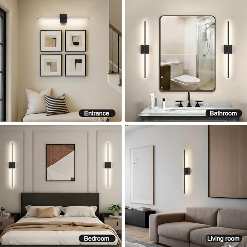 Image of Battery Operated Wall Sconce, 3000K-6000K Dimmable Black Wall Lights with Remote Control, Timable LED Wireless Wall Sconces, 350 Ratate for Bathroom, Living Room, Hallway 29.1 Inch 1 Pack