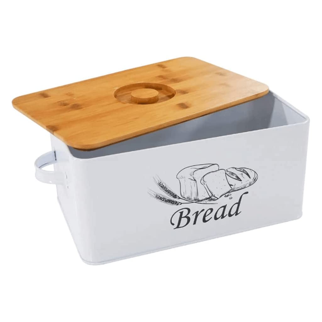 Caja de Pan Creativa para encimeras, panera de Almacenamiento de Pan de Gran Capacidad de Metal con asa y Soporte para Pan con Tapa de Madera (Blanco)