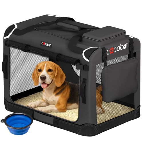 Image of CADOCA Dog Crate Carrier, Car Foldable Travel Cage + Bowl, L Anthracite