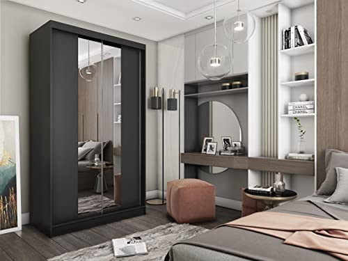 WFL GROUP Moderner Kleiderschrank Schwebetürenschrank Schwarz mit Spiegel 120 150 180 200 cm - Schwarzes Matt Kleiderschrank für Schlafzimmer mit Schiebetüren - Kleiderstange - 150 cm - Schwarz Cover