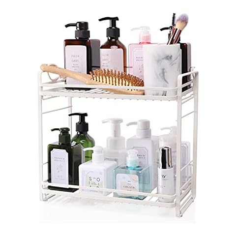 ZCCZ Bathroom Organizer Countertop, Metal 2-tier Bathroom Storage Shelves Tray Shower Caddy Kitchen Shelf for Bathroom Kitchen Office Organization, White Cover