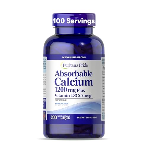 Puritan's Pride Absorbable Calcium 1200 mg Plus Vitamin D3 25mcg 1000 IU with Bone-Active™, Dietary Supplement for Bone Strength, Heart, Nerve, Muscle, and Immune Support, 200 Rapid Release Softgels