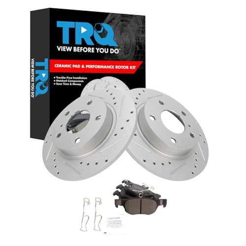 Image of TRQ Performance Rear Brake Pad and Rotor Set Ceramic Drilled Slotted Coated Rotors Compatible with 2019-2021 Mazda 3 2020-2021 CX-3 CX-30