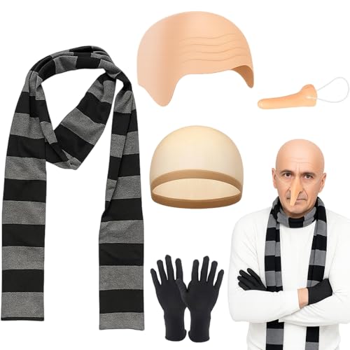 BFSYRR Bald Cap Gru Costume 5 Pcs Carnival Costume Accessories Include Bald Head Cap Scarf Long Nose Hair Nets Gloves Gru Halloween Costumes for Carnival Fancy Dress Cosplay and Stage Performance