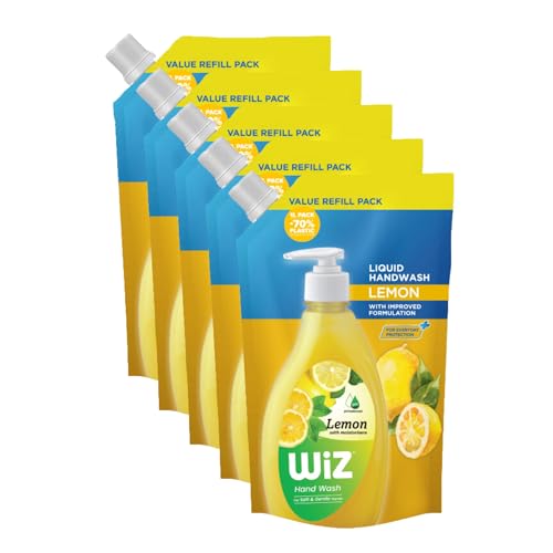 Image of Wiz Lemon Hand Wash Refill Pouch - 1L (Pack of 5) | pH Balanced | 70% Less Plastic | Zesty Lemon Freshness | Germ Protection | Gentle & Moisturizing Formula