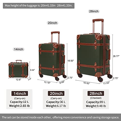 Nzbz Vintage Luggage Sets 3 Pieces Luxury Cute Suitcase Retro Trunk Luggage With Tsa Lock For Men And Women (Dark Green, 14" & 20" & 28") #TOP6