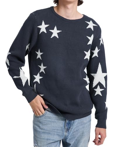 YEXPINE Men's Oversized Sweater Star Graphic Casual Chunky Knitted Unisex Crewneck Long Sleeve Jumper Pullover, Grey, Medium