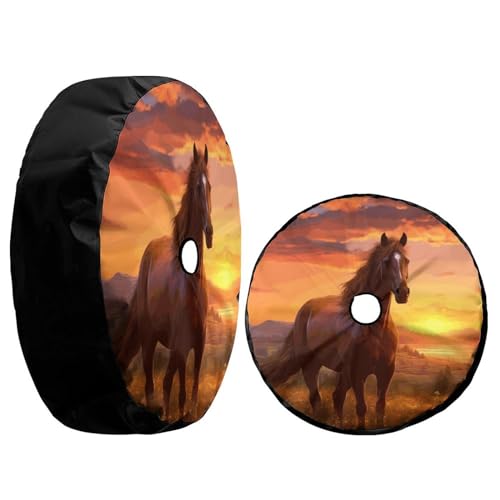 Image of Delerain Spare Tire Cover with Backup Camera Hole Brown Horse Sunset Wheel Covers Waterproof Dust-Proof UV Sun Universal Fit for RV Trailer RV SUV Truck (17 Inch for Diameter 31 inch-33 inch)