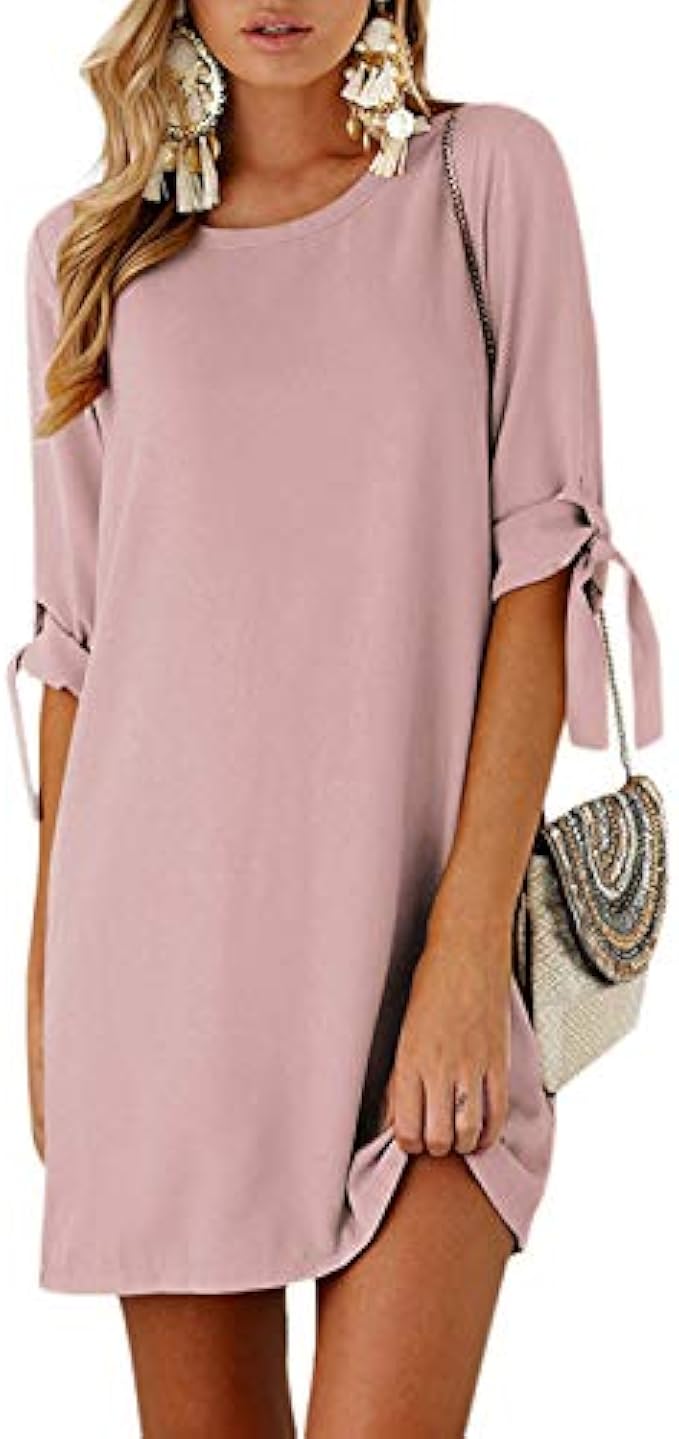 YOINS Summer Dresses for Women Short Sleeves T Shirts Solid Crew Neck Tunics Self-tie Blouses Mini Dresses