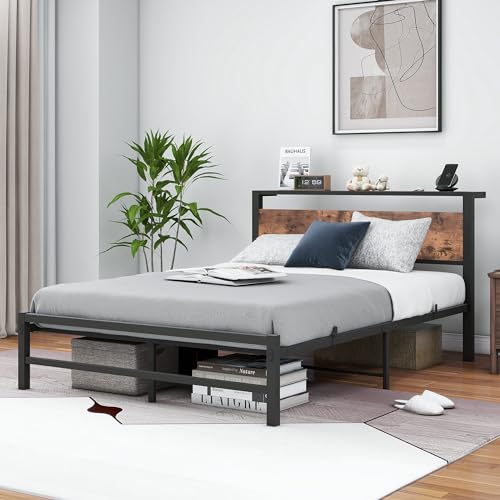 VERFARM Telaio Letto Metallo 120x200 cm con Testiera in Legno