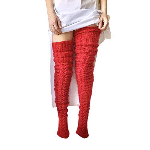 Women's Cable Knit Thigh High Boot Socks Extra Long Winter Stockings Leg Warmers (Red)