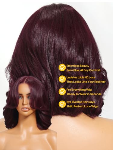 Image of Sunber Black Cherry Body Wave Bob Wig Human Hair Pre Cut 7x5 Glueless Lace Front Drawstring Wig with Curtain Bangs Natural Hairline Bye Bye Knots Pre Plucked Put and Go Wig for Women 12Inch