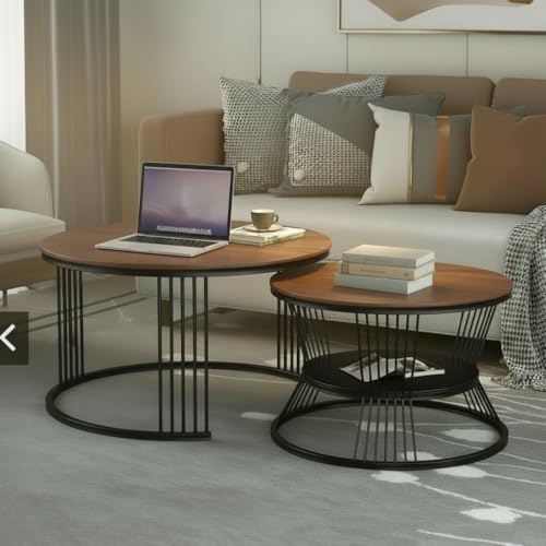 Image of Modern Nesting Table Set of 2 - Round Coffee Table with Engineered Wood Top & Metal Frame, Side Tables for Living Room, Bedroom & Lounge (Black & Brown, L-51x48 cm, S-41x41 cm)