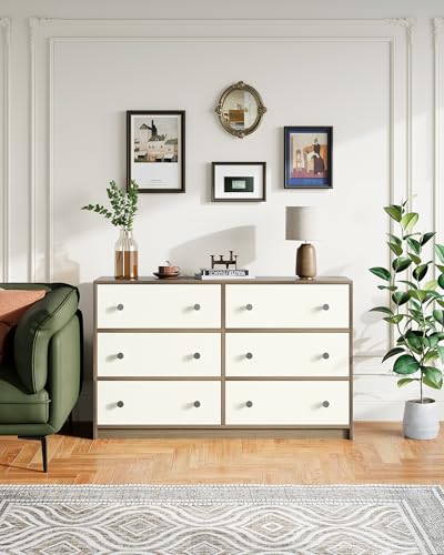 Nicehill 6 Drawers Dresser for Bedroom, Fabric Storage Tower, Chest of Drawers Organizer,Storage Cabinet,Hallway, Closets, Living Room,Wooden Dresser(Light Wood Grain and White)