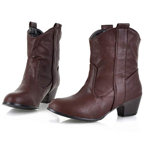 MIOKE Women's Cowboy Western Ankle Boots Round Toe Slip On Chelsea Bootie Stacked Low Heel Dressy Short Boot3