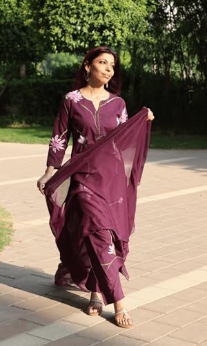 Image of ANNI Designer Women Rayon Viscose Straight Fit Floral Printed Kurta Pant Dupatta Set | V Neck Three Quarter Sleeve Outfit | Soft Lightweight Fabric | Elegant Comfortable Office Casual Wear