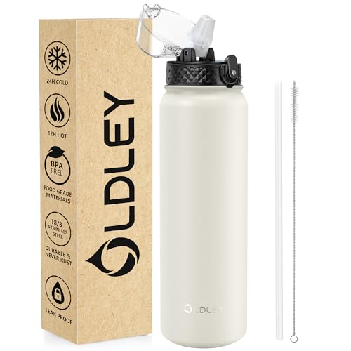 OLDLEY 1L Botella Agua Acero Inoxidable con Pajita, Aislado al Vacío Botellas Agua Metal Prueba de Fugas, Mantiene las Bebidas Calientes y Frías para Bicicleta, Camping, Deportes, Mujeres, Hombres