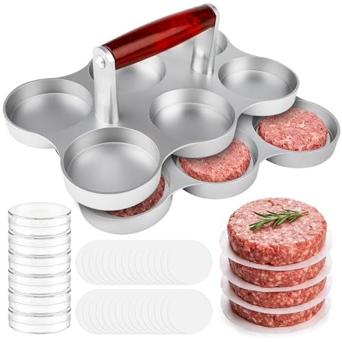 Sumalon Mini Burger Press 6 Slots Slider Sausage Patty Press with 200 Patty Papers and 6 Storage Containers Heavy Duty Round Shape Meat Patty Maker for Small Hamburger BBQ Picnic