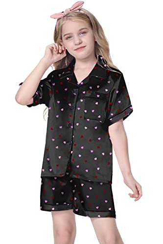Image of Schbbbta Girls Womens Pajamas, Satin Silky Pjs Set Kids 2Pcs Button-Down Nightwear Sleepwear Gift for Mommy and me