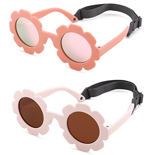 Image of Bouryo Flexible Baby Polarized Flower Sunglasses with Strap Bendable Frame for Infant Boys Girls Ages 0-24 Months