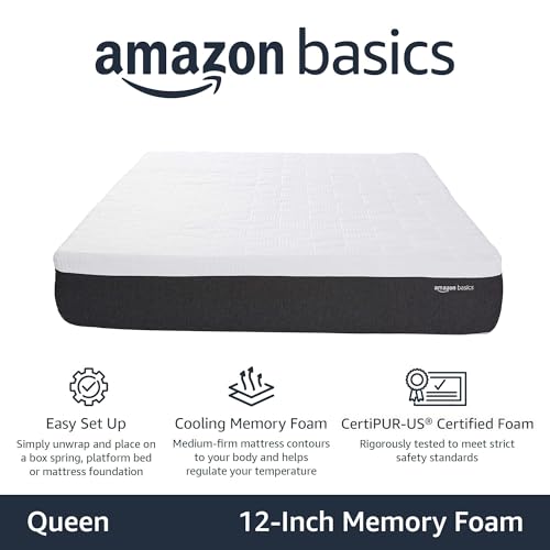 Image of Amazon Basics Cooling Gel Memory Foam Mattress, Firm, Breathable Support with Airflow Channels, CertiPUR-US Certified, 12 inches, Queen Size, 80 x 60, White /Dark Gray