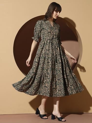 Image of KZULLY | Dress for Women | Midi Dress | Floral Printed | Polyester Fabric | Bell Sleeve Ethnic A-Line | Tiered Fit & Flare | Casual & Festive