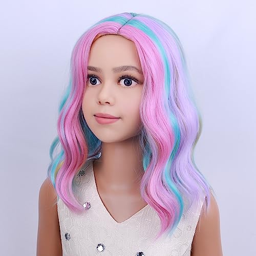 Image of PATTNIUM Kids Child Rainbow Wig Short Wavy Colorful Wig Multicolor Wigs Girls Synthetic Cosplay Halloween Party Costume Wigs