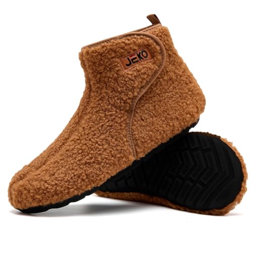 UUBARIS Bootie Slippers for Women Men Furry Warm House Sock Shoes For Indoor Outdoor Travel Brown 9-10