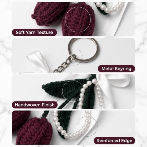 Image of Handmade Crochet Tulip Keychain with Pearl String - Cute Floral Bag Charm & Aesthetic Purse Pendant, Knitted Flower Keyring Accessory Gift for Girls & Women